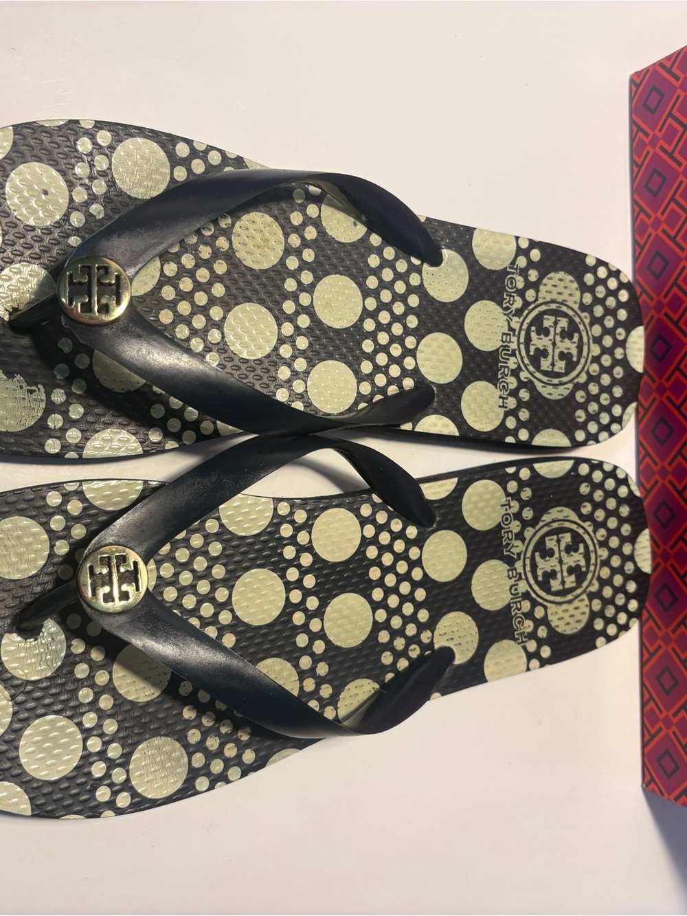 Tory Burch Black Strappy Flip Flop Sandals with Cream Polka Dot Footbed